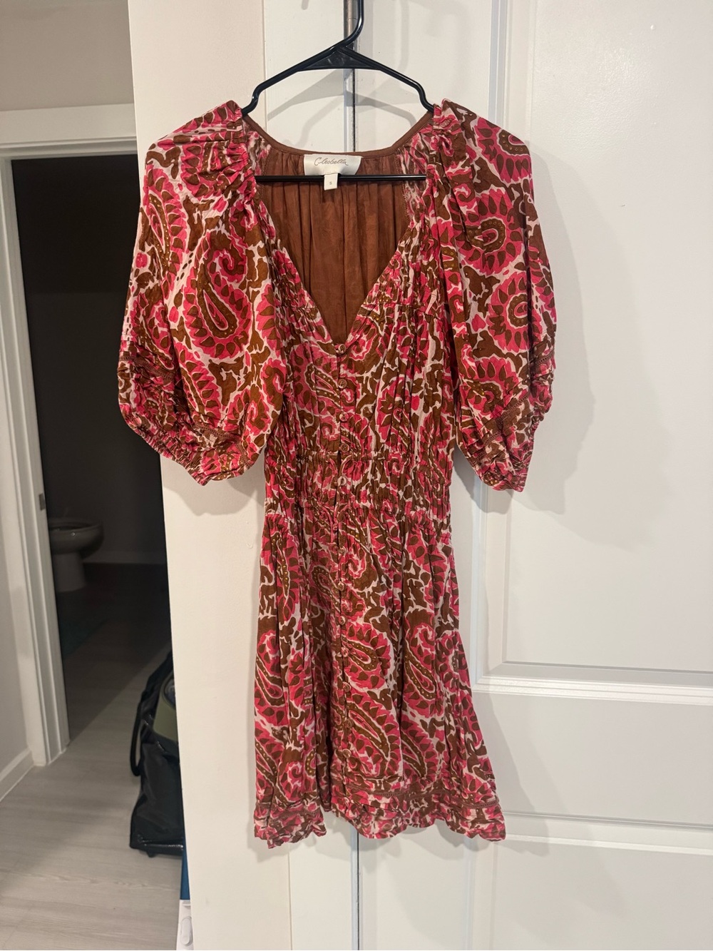 Cleobella V-Neck Puff Sleeve Mini Dress - Pink & Brown